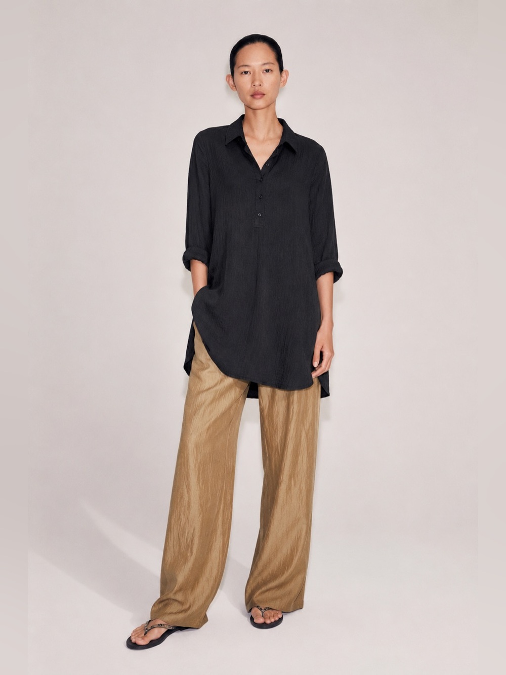 Zara Black Crinkled  Longline Tunic Top